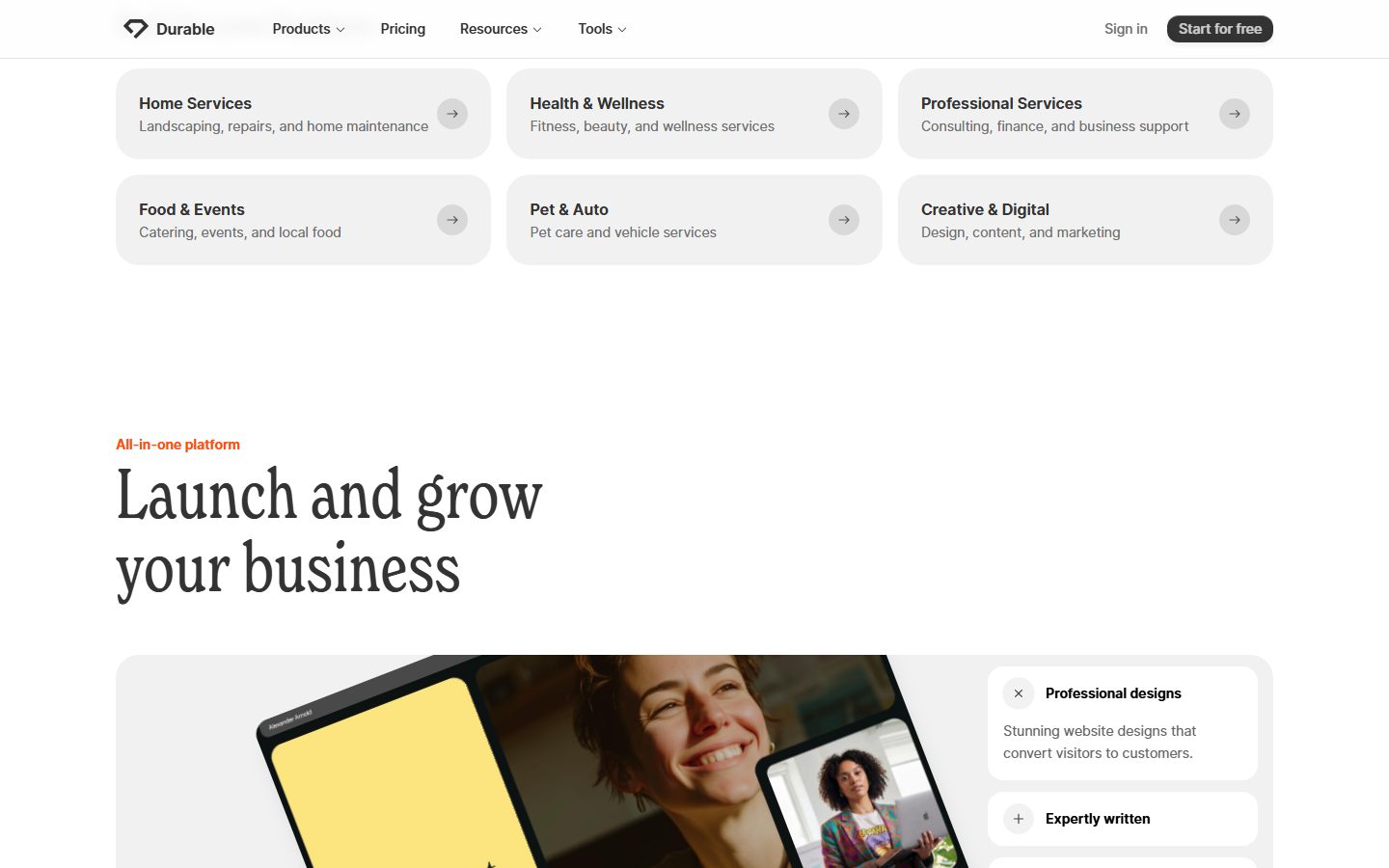 Durable: Durable homepage, further down