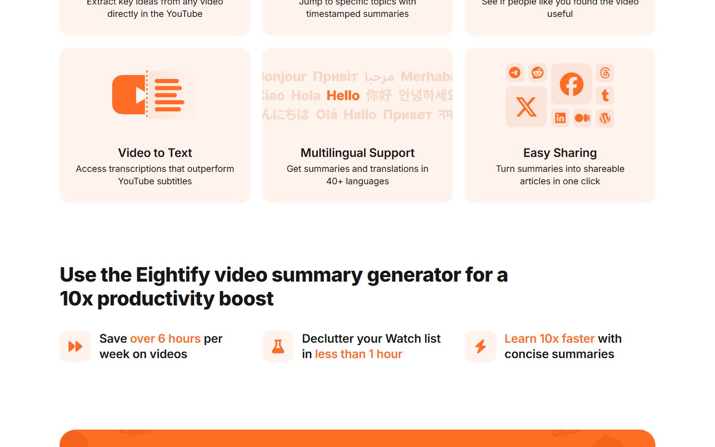 Eightify: Eightify homepage, further down