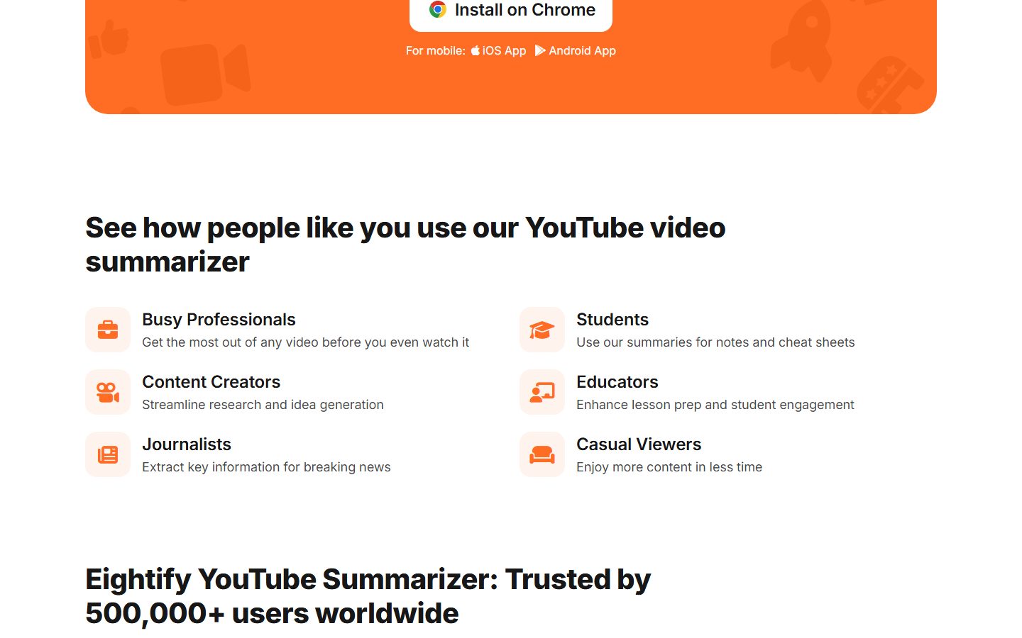 Eightify: Eightify homepage, further down still