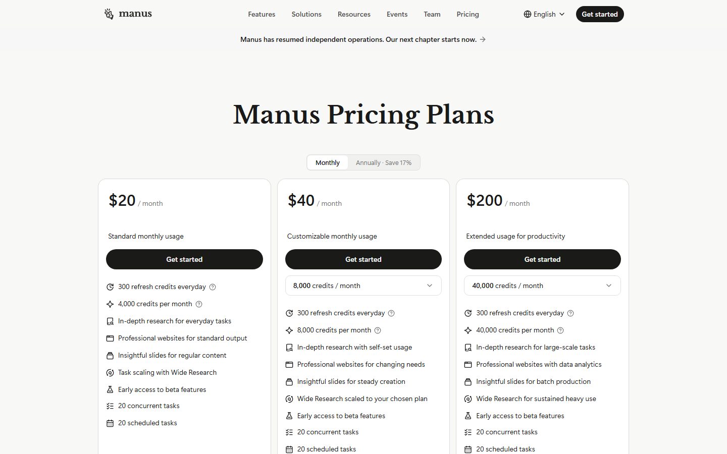 Manus: Manus pricing plans