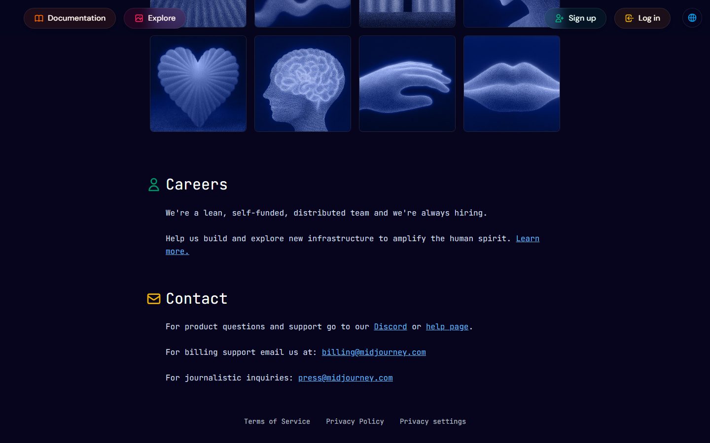 Midjourney: Midjourney homepage, further down