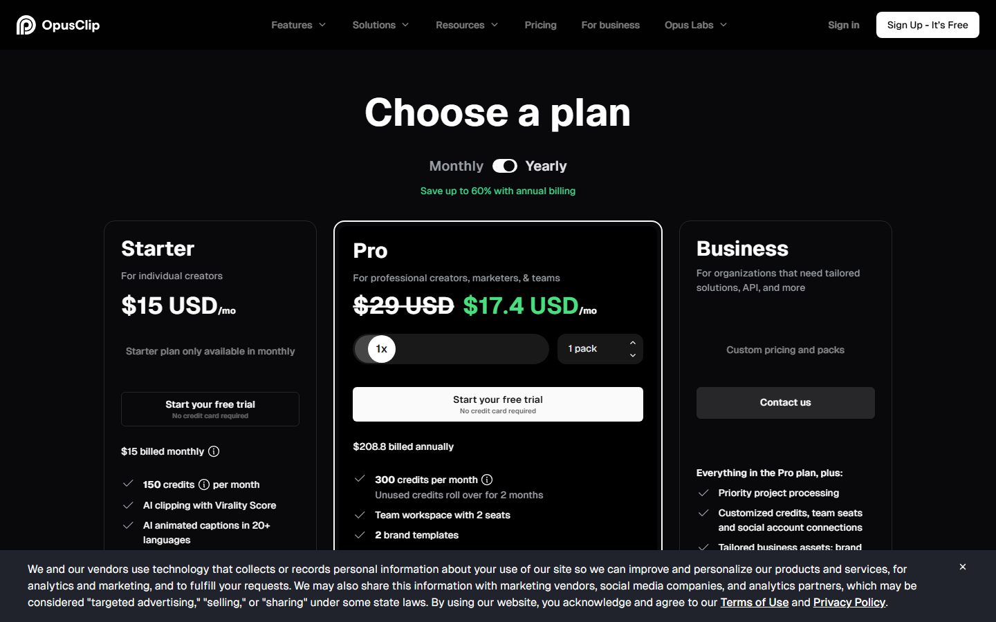 Opus Clip: Opus Clip pricing plans