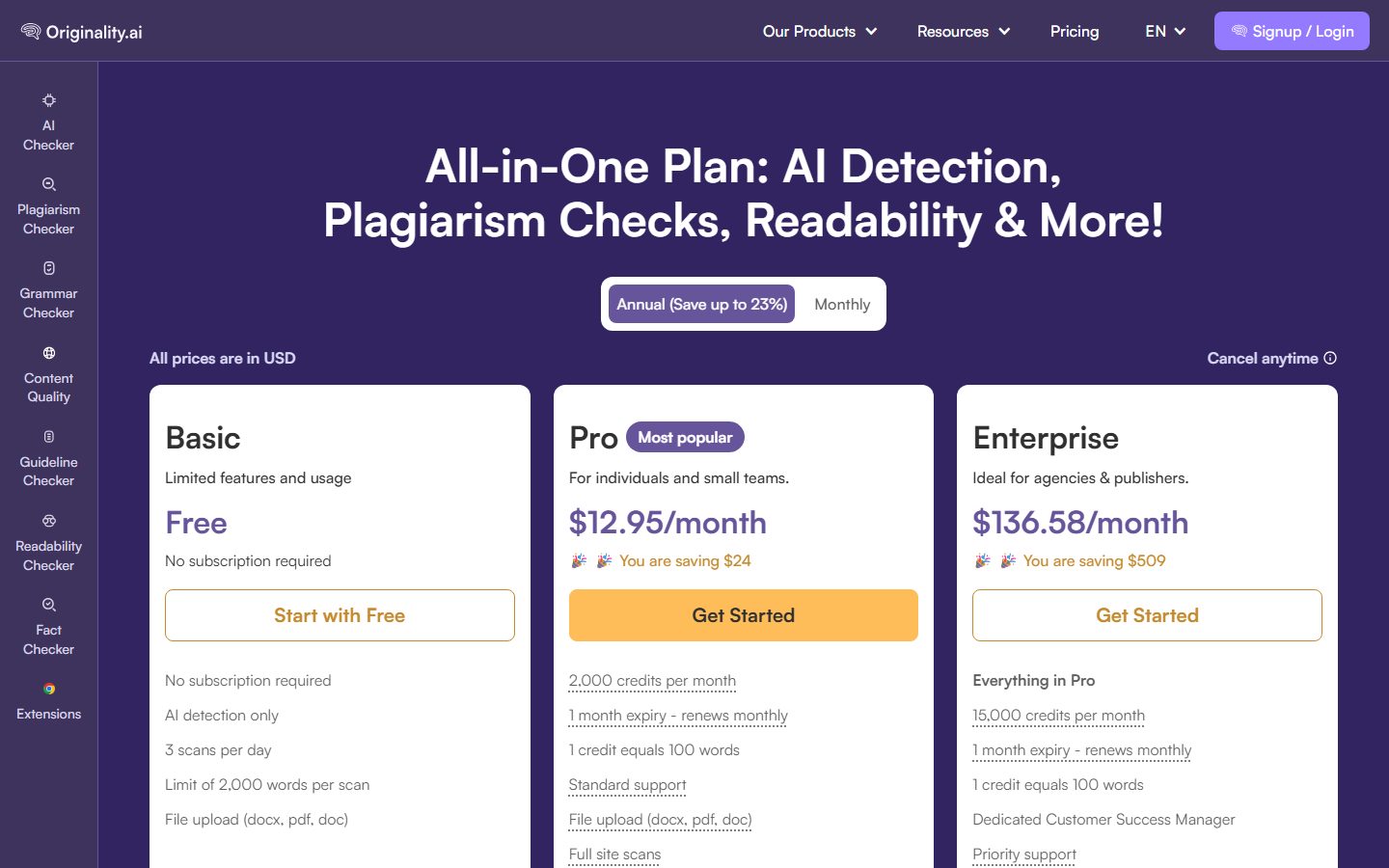 Originality.ai: Originality.ai pricing plans