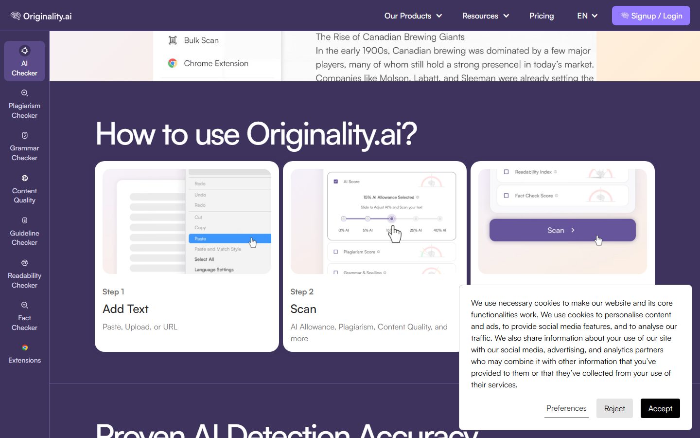 Originality.ai: Originality.ai homepage, further down