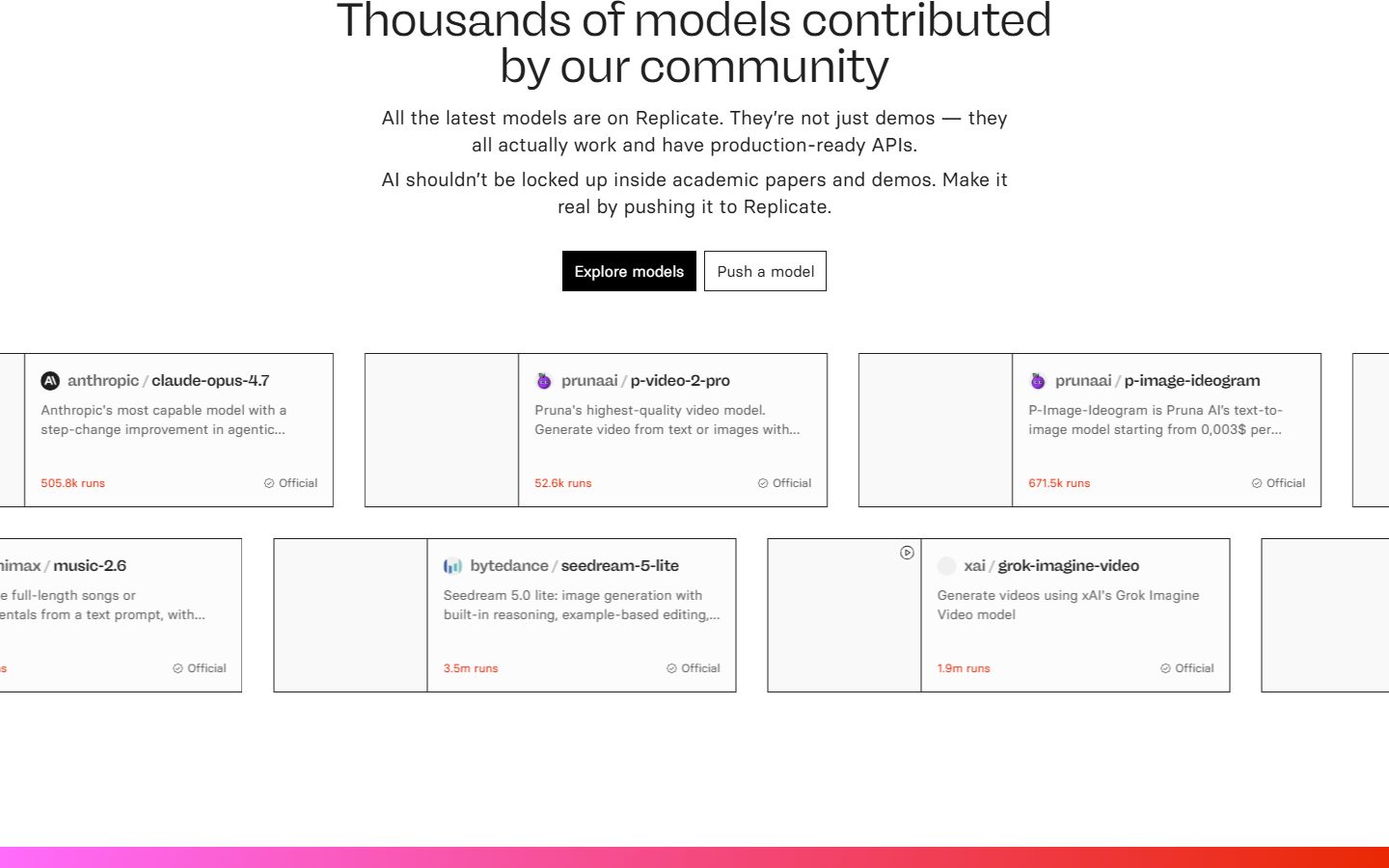 Replicate: Replicate homepage, further down