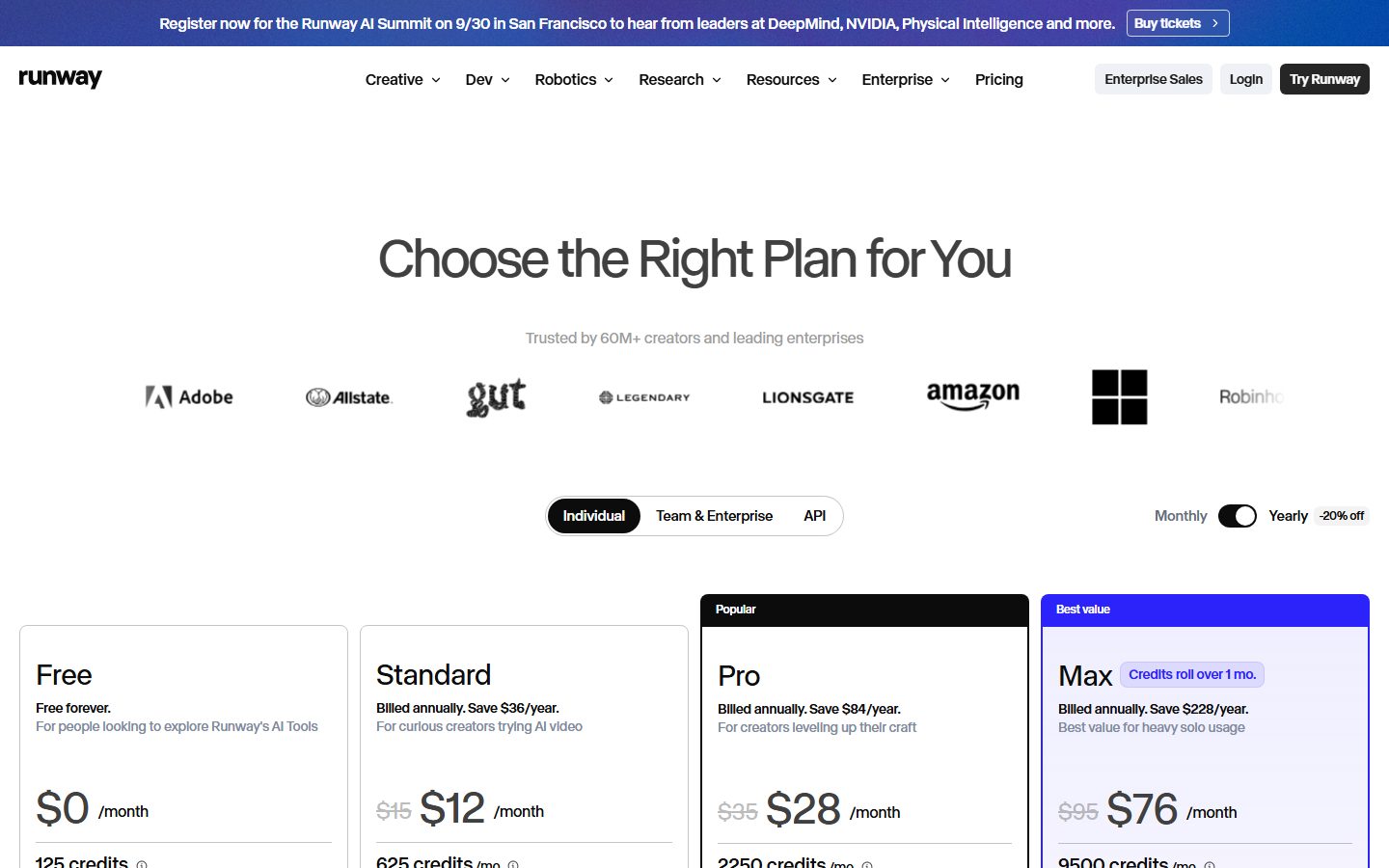 Runway: Runway pricing plans
